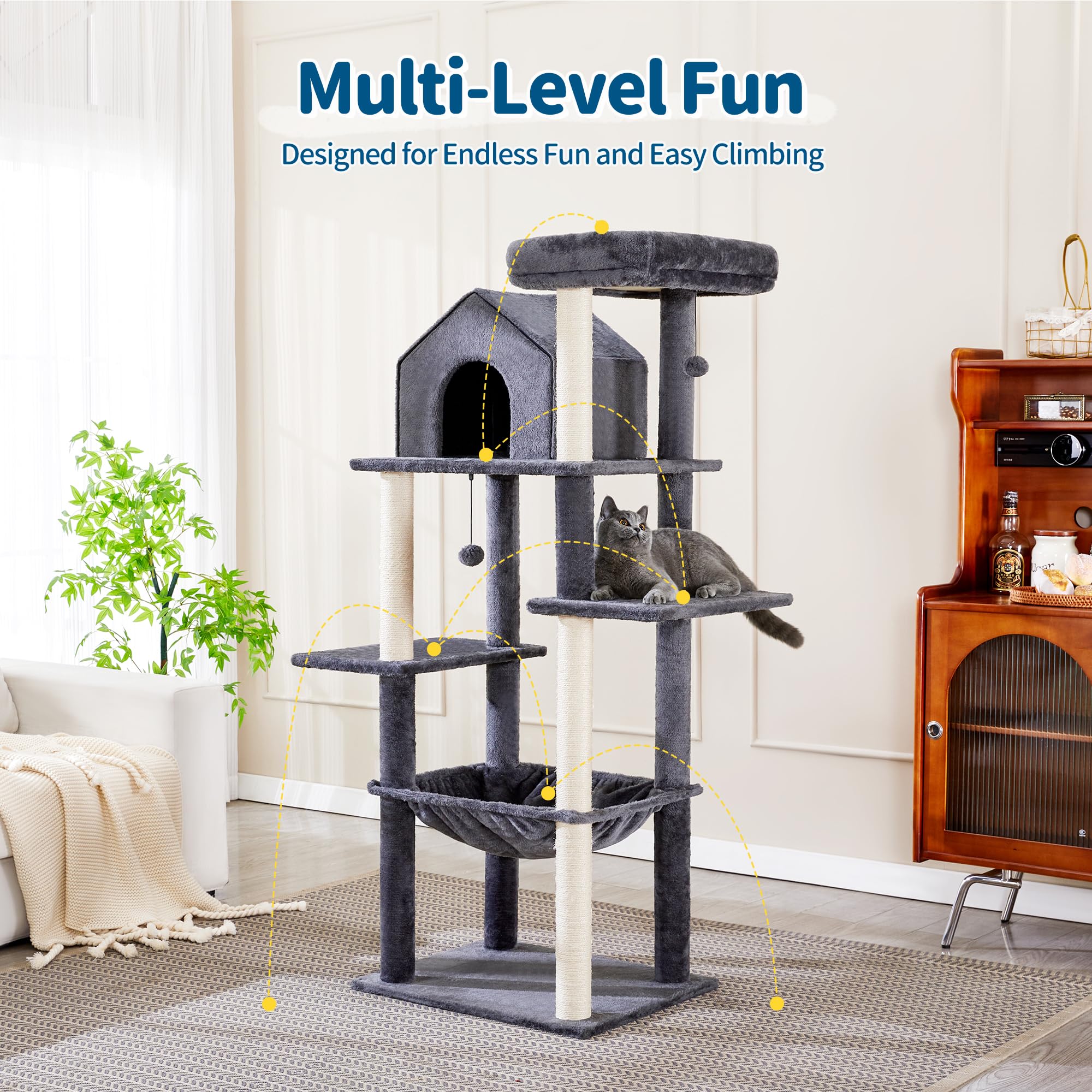 Made4Pets 60 Inch Cat Tower For Indoor Cats, Multi-Level Cat Tree With Plush Hammock, Cozy Cat House, Scratching Posts, Top Perc